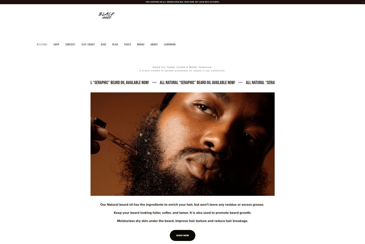 Screenshot of Black Amir, from the squarespace ecommerce examples collection.