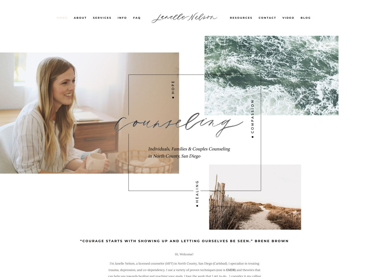 Screenshot of Janelle Nelson Counseling, from the therapist websites collection.