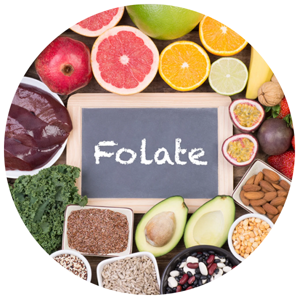 Foods containing Folate with a chalkboard in the middle showing that it is found in ACV Gummies Singapore