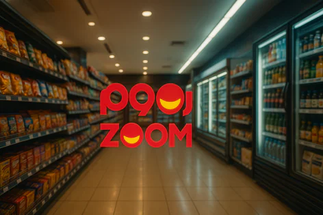 Aisle in a grocery store with shelves on the left stocked with bags of chips and snacks, and refrigerated cases on the right filled with bottles and cans of drinks.