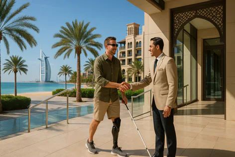 Two men shake hands outdoors in Dubai. One man with a prosthetic leg and white cane greets a hotel employee in a suit with the Burj Al Arab and beach in the background.