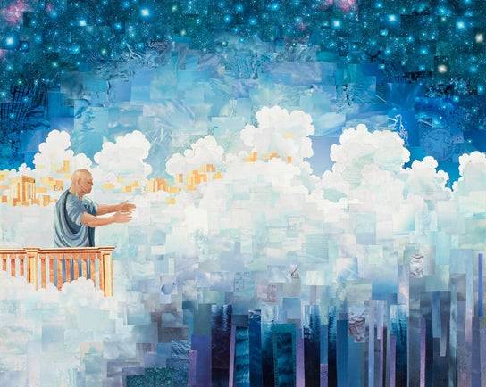 Paper collage of the city of Enoch surrounded by clouds. Enoch stands preaching on a balcony.