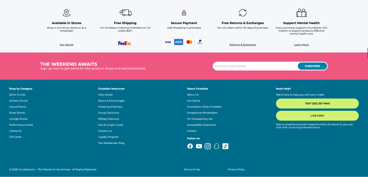 Screenshot of Chubbies Shorts, from the website footer designs collection.
