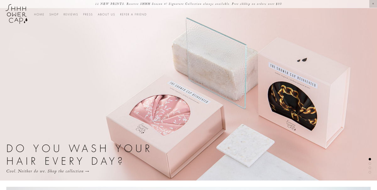 Screenshot of Shhhowercap, from the squarespace ecommerce examples collection.