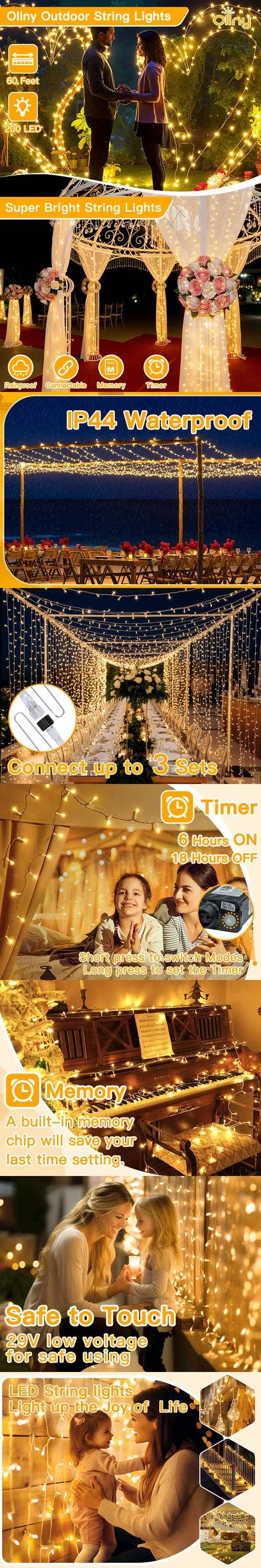 Features of Ollny's 800 leds green cable warm white string lights