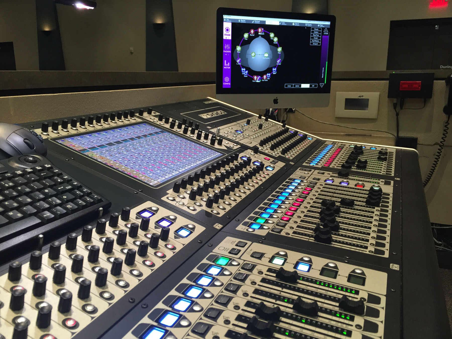 A view of the FOH mix position at SVCC’s Gilbert campus showing the DiGiCo SD8 console and Mac displaying KLANG:app’s 