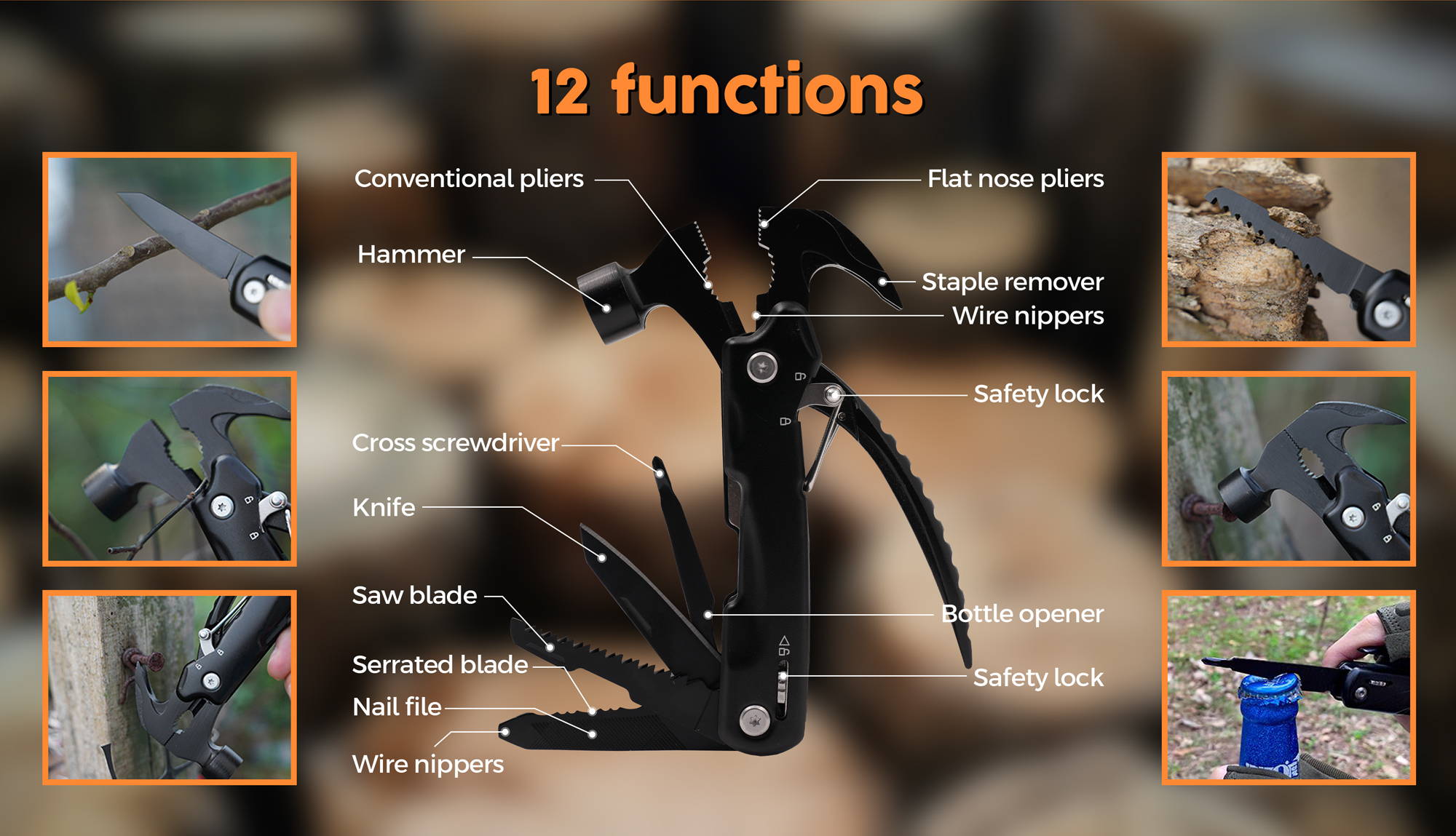 The Multi-Functional Camping Hammer is an ultimate outdoor tool with 12 different functions