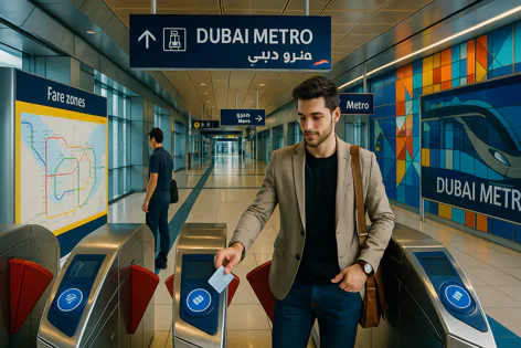 A man in a blazer taps a card on a ticket barrier at a modern Dubai Metro station, with a fare zones map and train art visible.