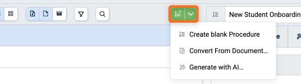 Create button menu with Create blank Procedure, Convert From Document, and Generate with AI