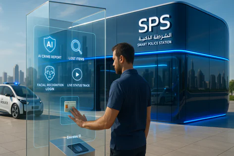 Man interacts with a digital self-service kiosk at an SPS Smart Police Station, offering services like crime reports, lost items, and ID verification.