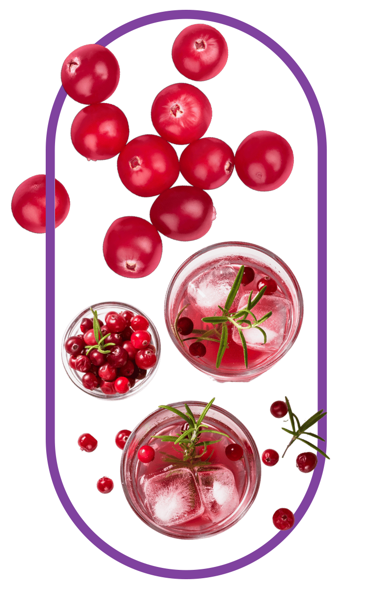 Image of fresh cranberries and cranberry drinks with text highlighting immune health, detoxification, and nutrient richness, linked to a multivitamin for women.