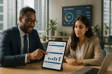 A businessman points to a digital bill displaying energy consumption charts on a tablet, while a colleague watches, analyzing data in a modern office.