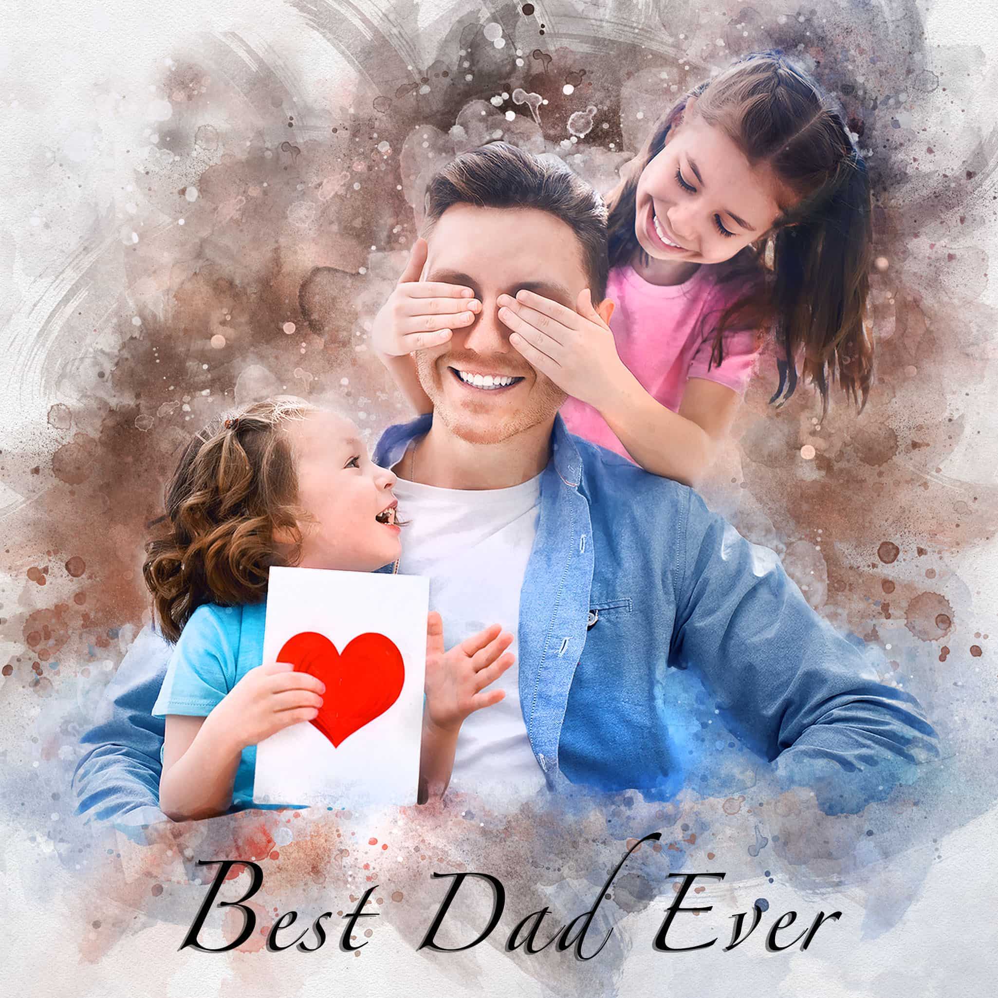 Custom family painting combining multiple photos to add a deceased loved one into the portrait, Features grandparents, parents, children, and a pet dog. Customized artwork by FromPicToArt