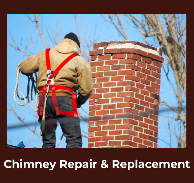 Worker wearing a safety harness on a rooftop inspecting or repairing a red brick chimney.