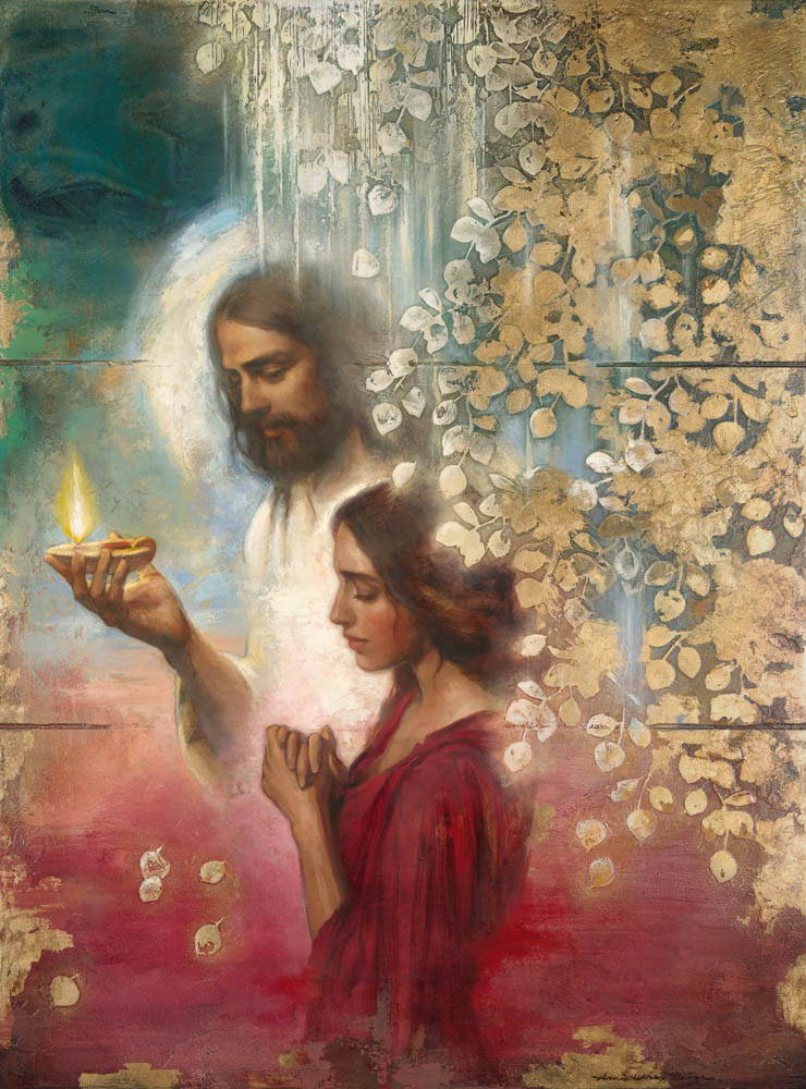 Jesus holds a glowing lamp and guides a young woman. Golden leaves tumble down over the image.