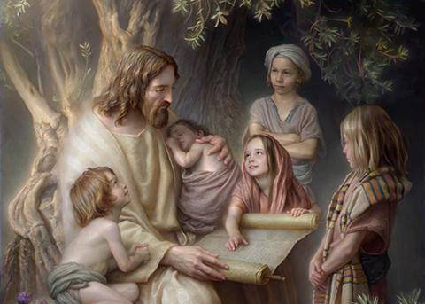 Painting of Jesus with a scroll open on his lap. He is surrounded by children.