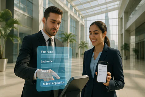 Two business professionals, a man and a woman, interact with a futuristic transparent touch screen displaying a digital application form in a bright, modern office atrium.