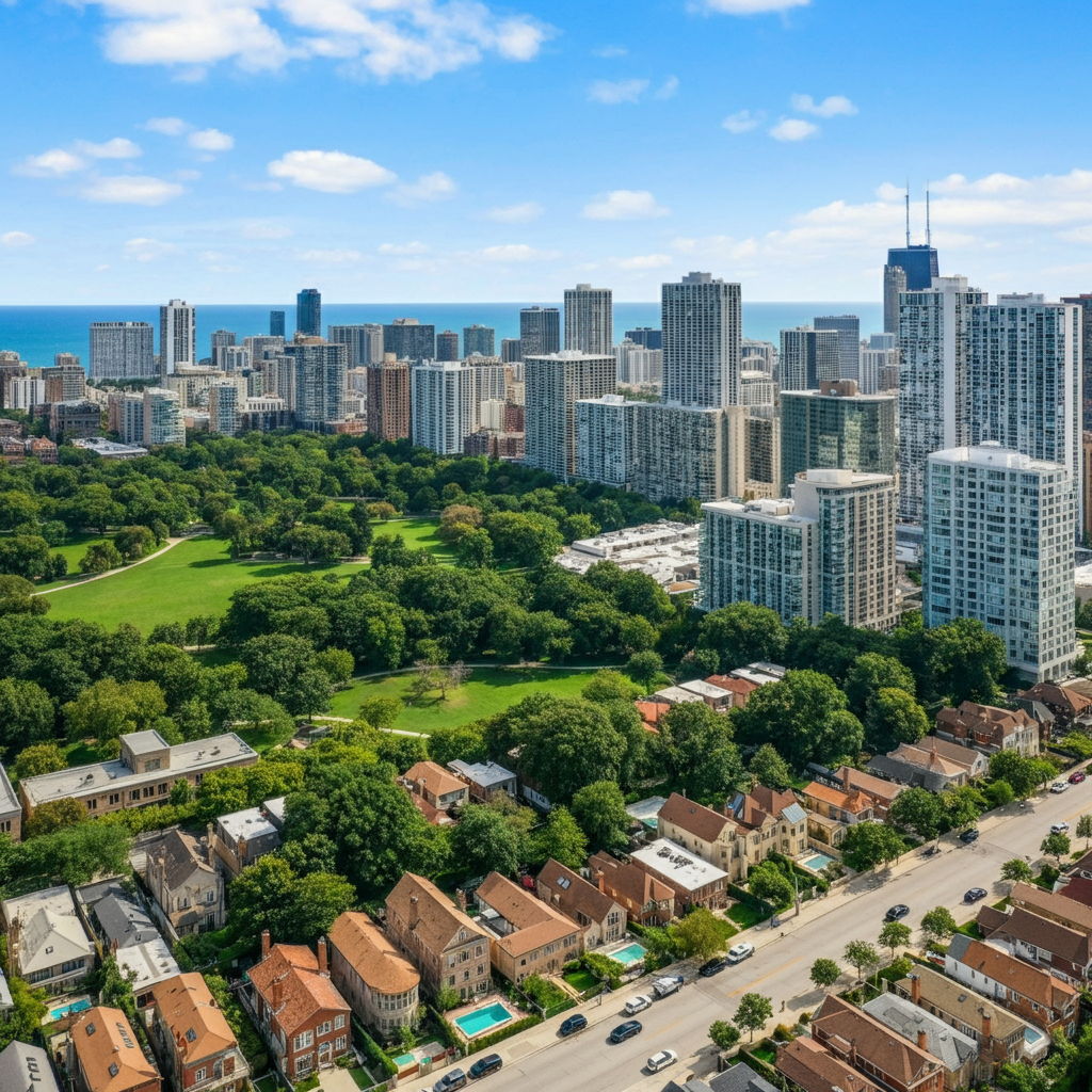 Aerial view of Lincoln Park's luxury residential area showing the relationship between high-end properties and the expansive green space of Lincoln Park itself. The neighborhood's tree-lined streets and proximity to both downtown and lakefront create a premium environment that commands top market prices.