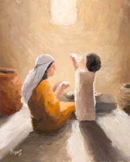 Impressionist painting of Mary and young Jesus witting in the light of a window.