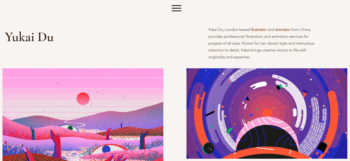 Screenshot of Yukai Du, from the wix portfolio website examples collection.