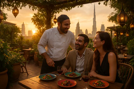 A smiling chef talks with a happy couple dining outdoors at sunset. The Dubai skyline, featuring the Burj Khalifa, is visible in the background.