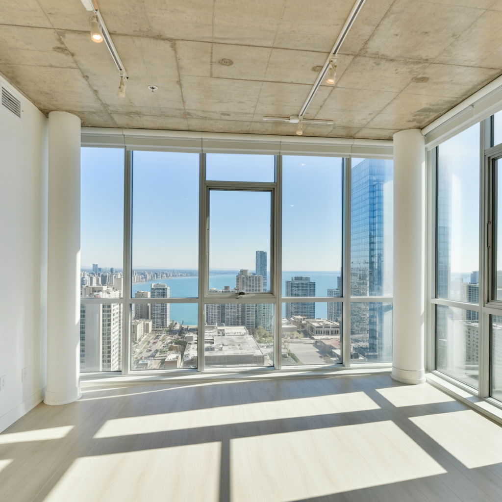 A final walkthrough in a modern Streeterville high-rise apartment. The empty, sunlit space with panoramic lake views shows the property in move-out condition, representing the crucial final verification step before closing on a luxury Chicago property.