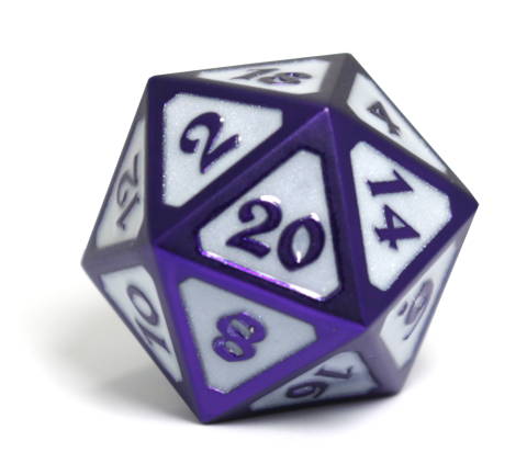 Purple electroplating with shimmering white inlay, our Celestial Harbinger dice.
