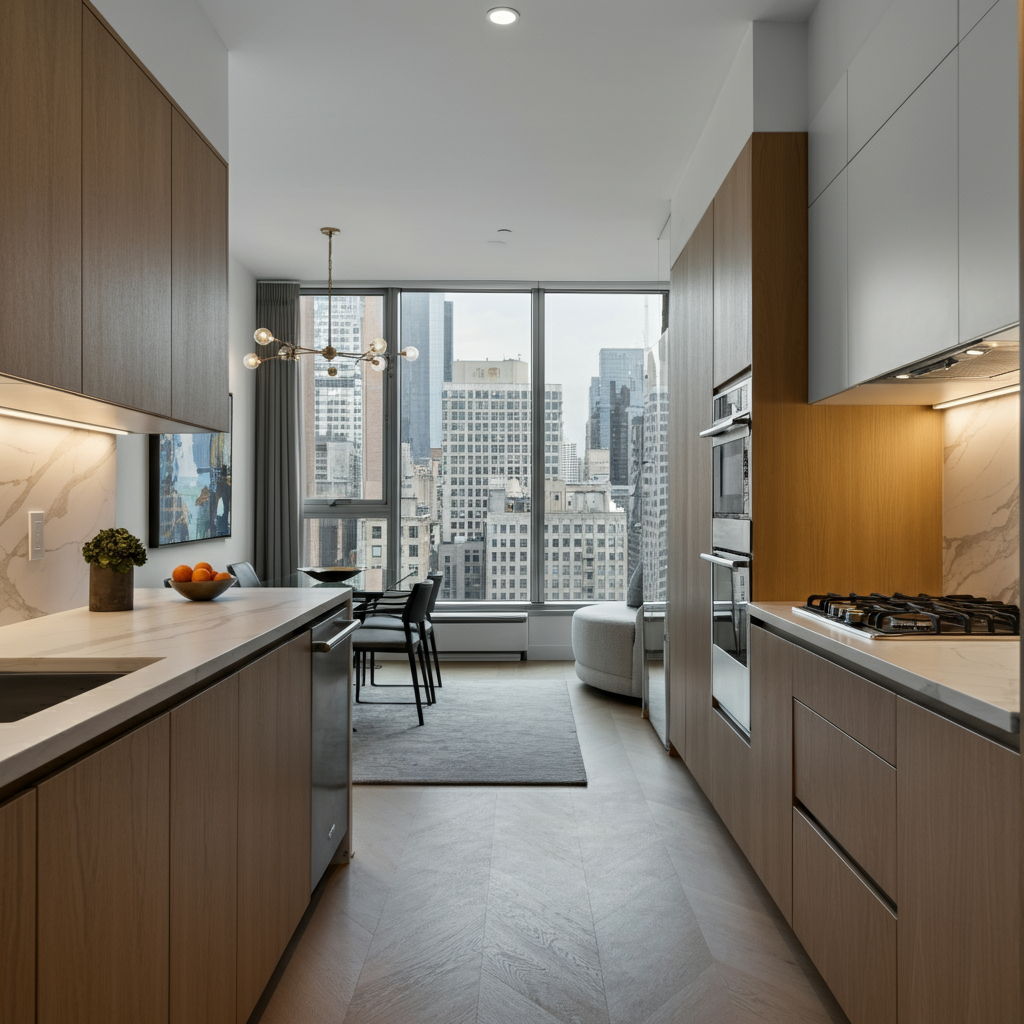 A stunning one-bedroom luxury condominium in Streeterville featuring contemporary design, chef's kitchen with marble countertops, and expansive city views. The open floor plan maximizes space efficiency while maintaining an atmosphere of sophistication and comfort, perfect for downsizers seeking quality over quantity.