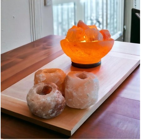 Salt Lamp - Fire Bowl Lamp plus Set of Three Rustic Tea Lights Candle Holders