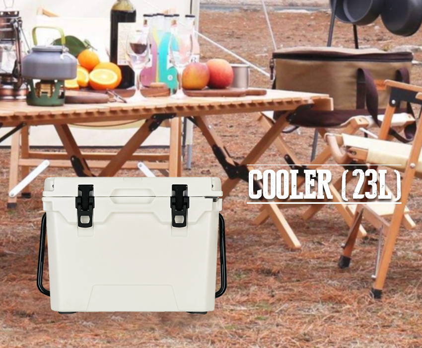 When camping, the white 23-liter cooler contains a lot of drinks