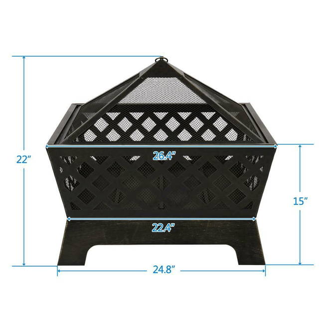 Fire Pit with Waterproof Cover Outdoor Wood Burning 26 Inch Firepit Firebowl Fireplace Poker Spark Screen Retardant Mesh Lid Extra Deep Large Square Backyard Deck Heavy Duty Grate Black