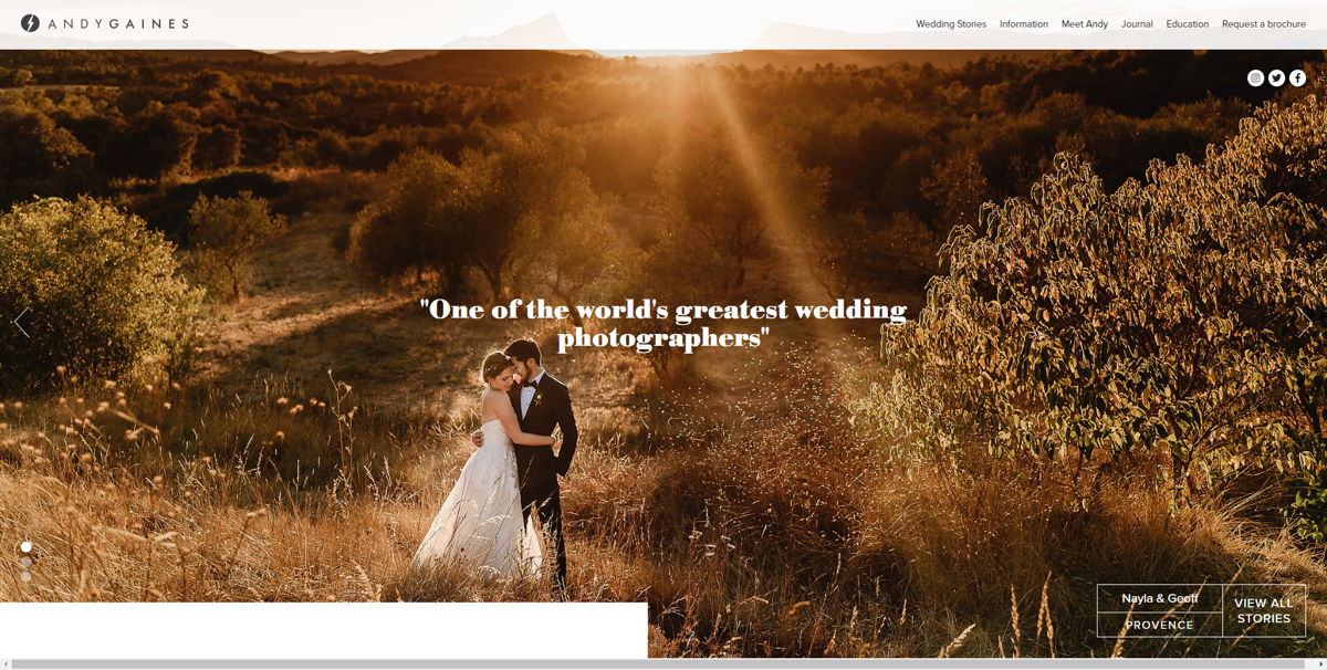 Screenshot of Andy Gaines Photography, from the wedding photography websites collection.