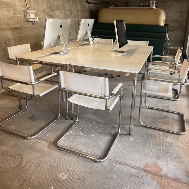 2 DESK OR CONFERENCE TABLES WITH 8 LEATHER CHAIRS