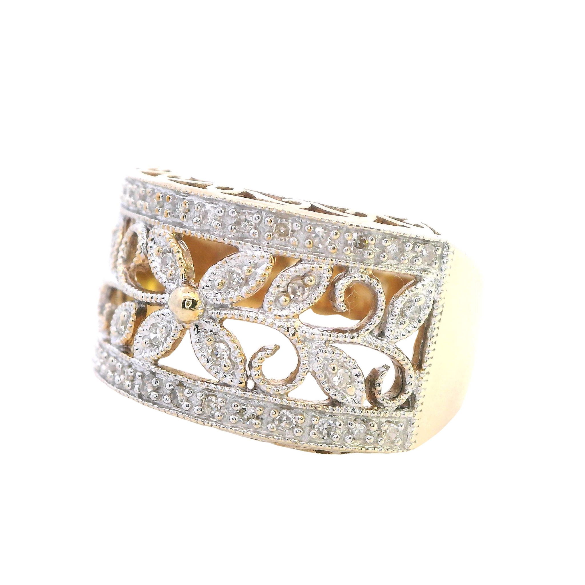 9ct Yellow Gold Diamond Filigree Floral Ring - Image 2