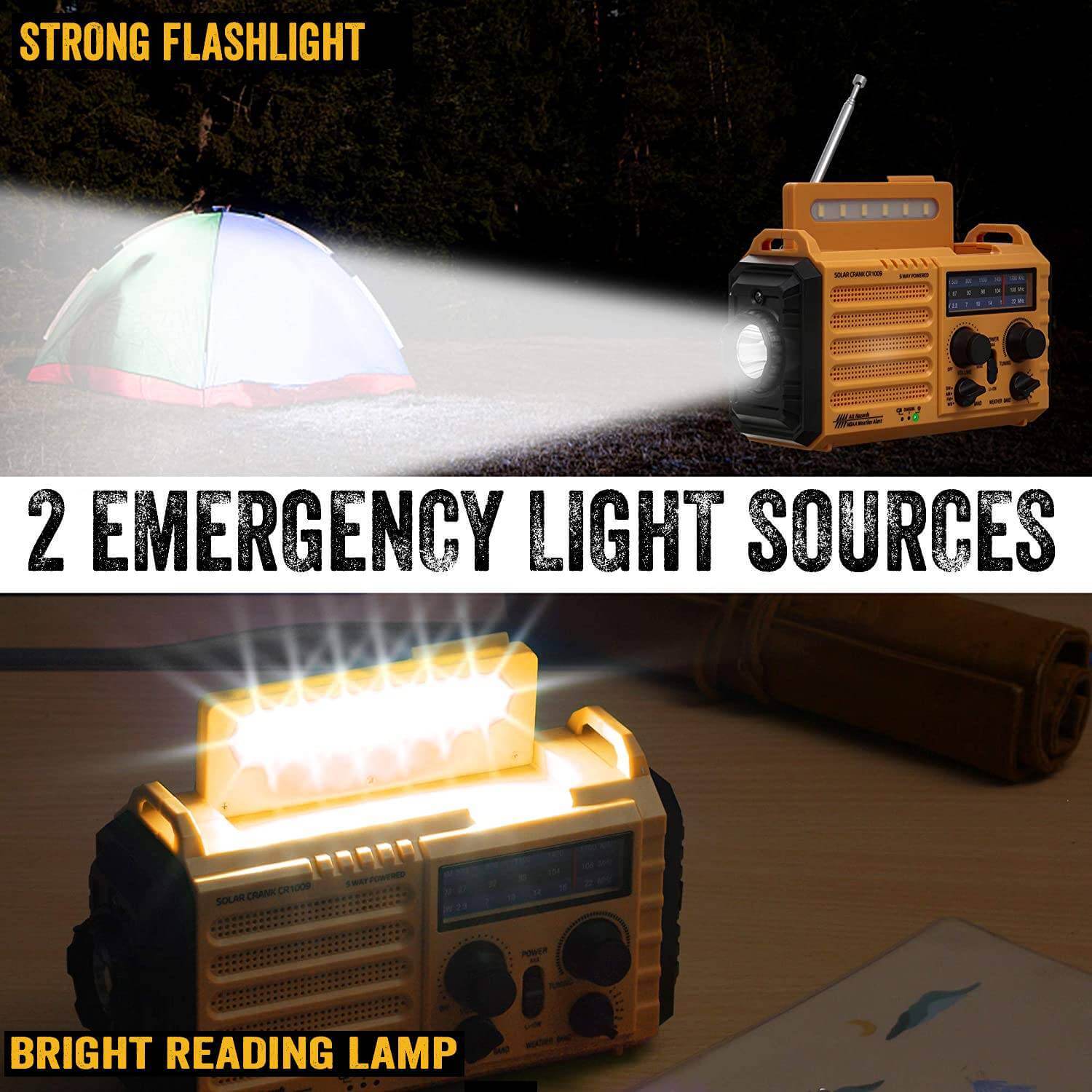 solar crank radio with flashlight and reading lamp
