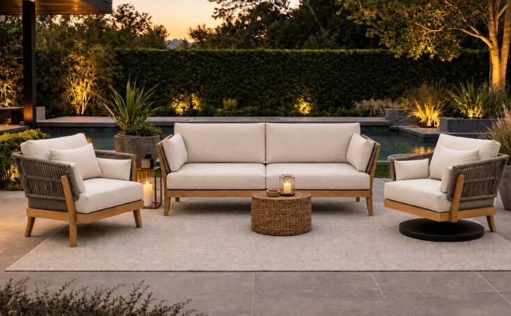 Kona Teak Outdoor Patio Seating 3-Piece Set with Sofa, Club Chair, and Swivel Rocker with Modern Rope Accents