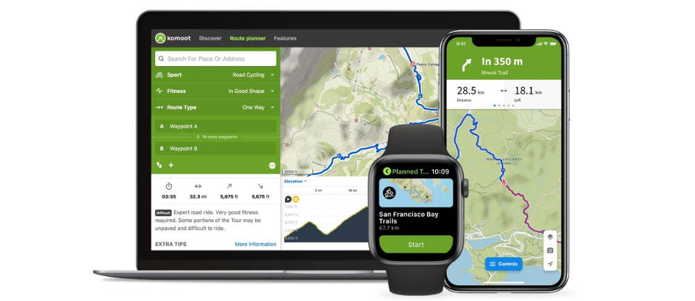 Komoot cycling app on laptop phone and smartwatch
