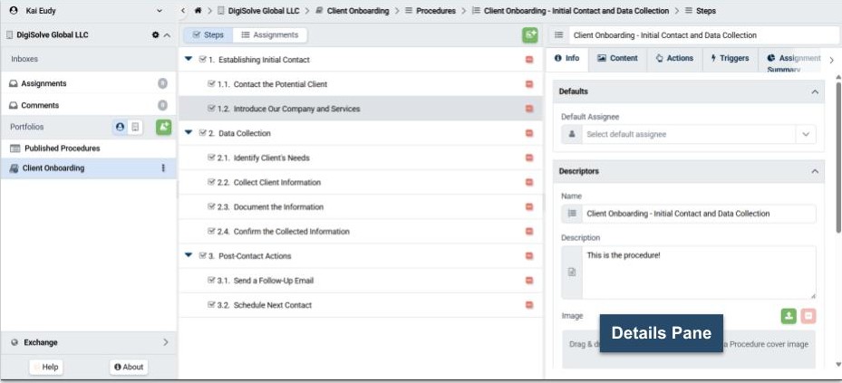 Details pane showing Procedure information and actions