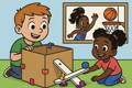 cartonon of 2 kids building a cardboard lever