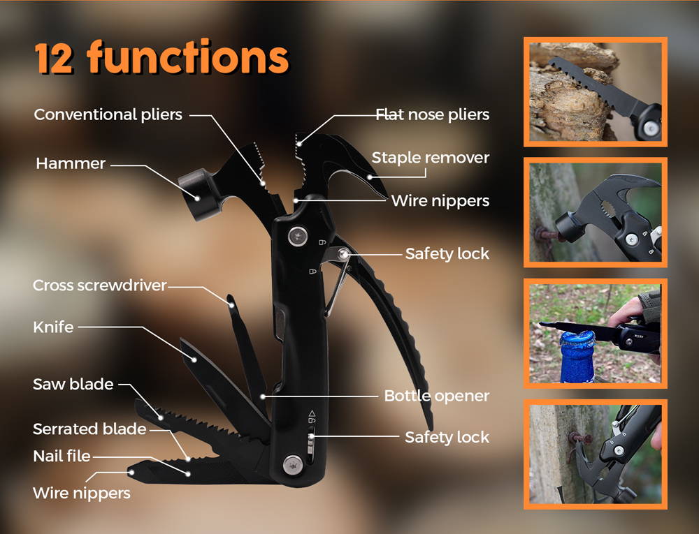 The Multi-Functional Camping Hammer is an ultimate outdoor tool with 12 different functions