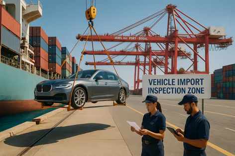 Grey car lifted by crane at port near shipping containers, a ship, and an import inspection zone sign. Two port workers observe the process.