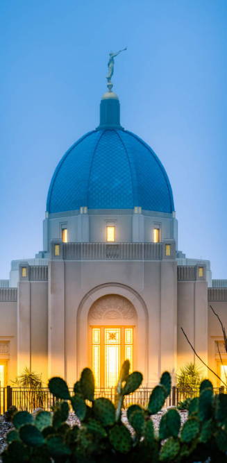 Vertical picture of the Tucson Temple steeple with cacti in the forefront.