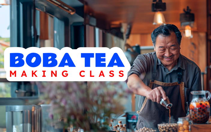 Man pouring liquid into a jar making boba tea with the text 'Boba Tea Making Class'