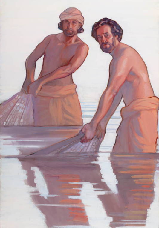 Fishermen standing in the water.