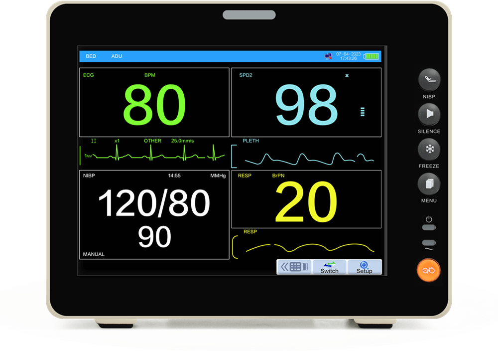 visualizzazione con caratteri di grandi dimensioni del monitorcorder paziente con touchscreen da 8 pollici