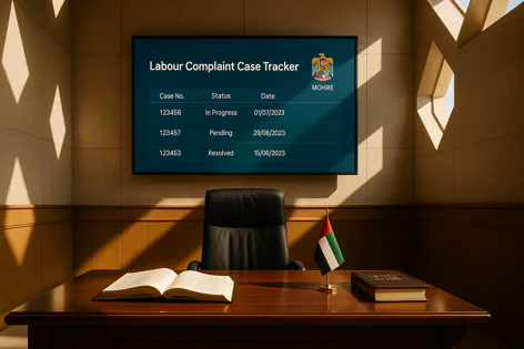 An office desk with a screen displaying a Labour Complaint Case Tracker showing case details with MOHRE logo, an open book, a law book, and a UAE flag.
