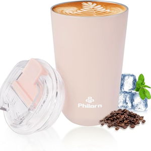 PHILORN Pink Coffee Tumbler - 12 OZ Insulated Coffee Mug With Lid, Leak Proof Thermo Cup for Hot and Iced Drinks, Stainless Steel Vacuum Pink Cup with Double Wall…