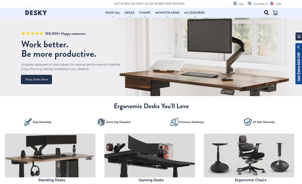 Screenshot of Desky, from the shopify furniture stores collection.