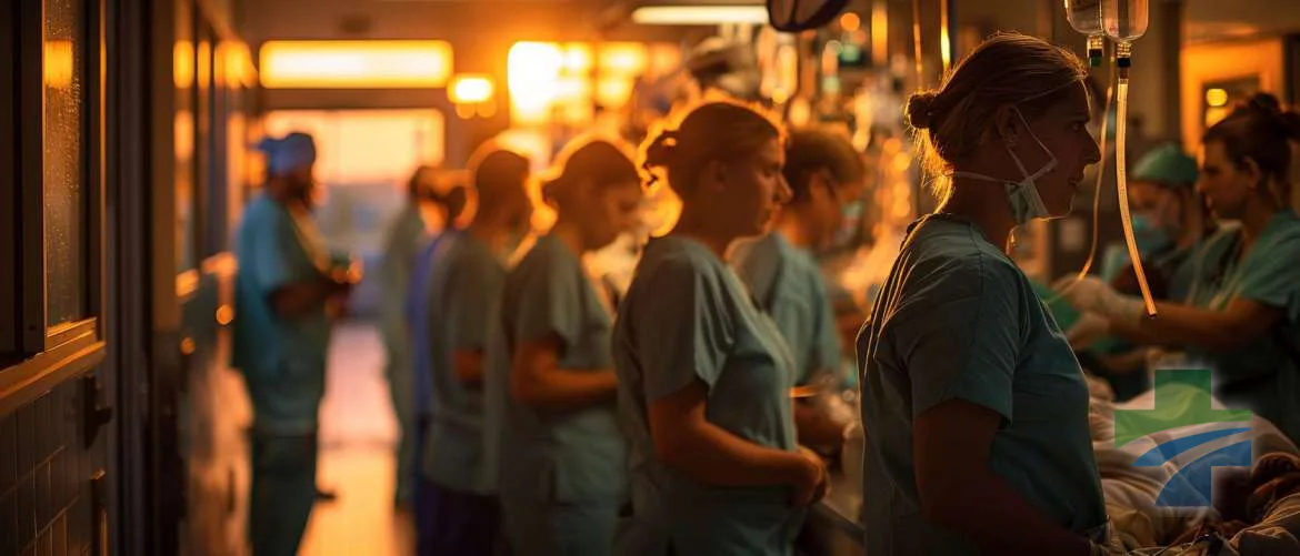 Diverse healthcare providers in a warmly lit maternity ward
