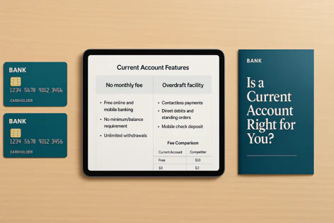 Two blue credit cards are shown next to a tablet screen displaying bank current account features, benefits, and fee comparison, with a question brochure.